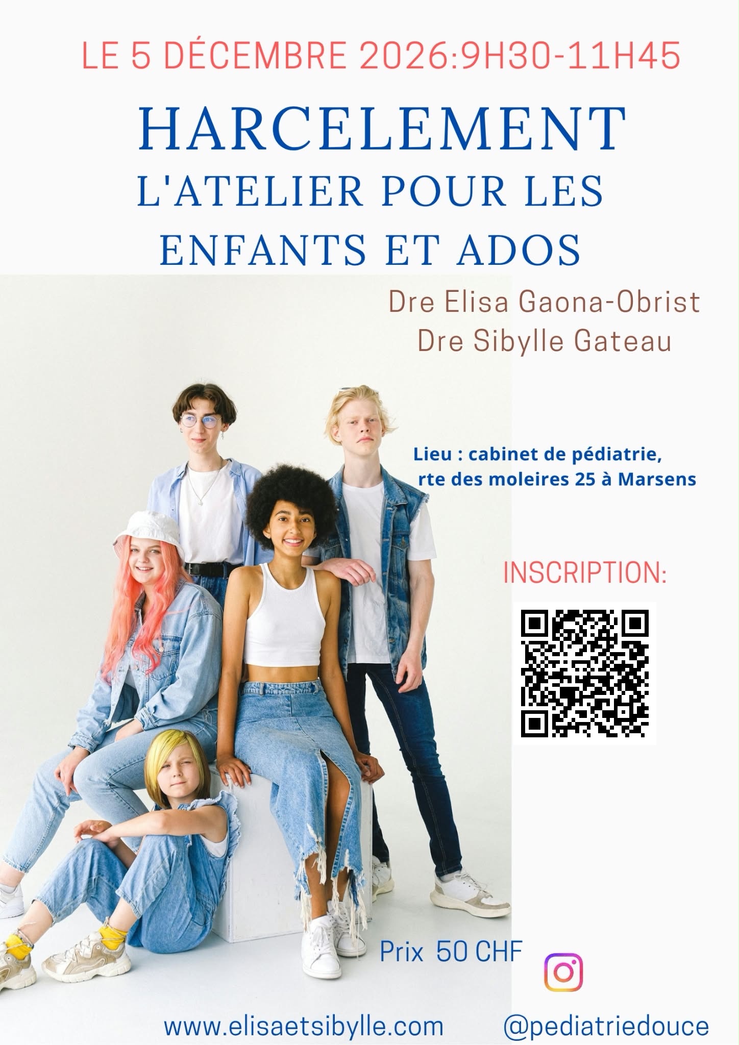 Flyer de l'atelier harcèlement pour enfants et ados du 5 décembre 2026 à Marsens – cliquer pour s'inscrire